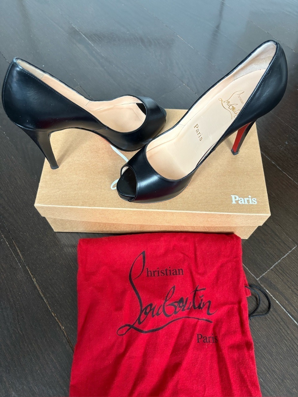 Christian Louboutin Black Leather Peep-Toe Pumps with Red Soles size 35
